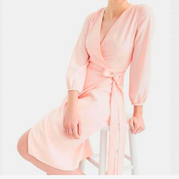 J. Crew Size 2 True Wrap Dress 365 Crepe Pink Tie Waist Long Balloon Sleeves